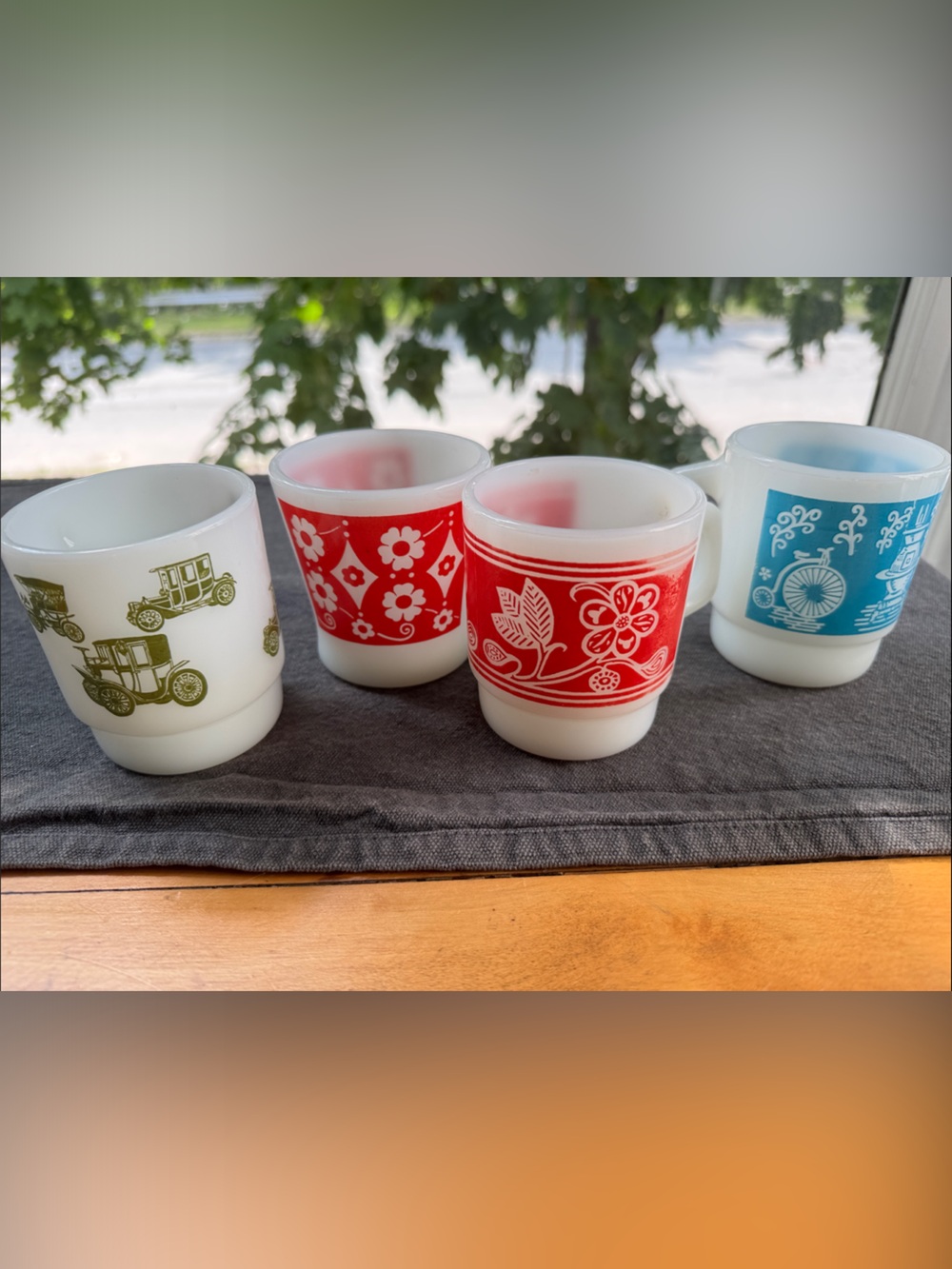 Vintage Fire King Milk Glass Stackable Mugs - White with Red, Blue & Olive Print